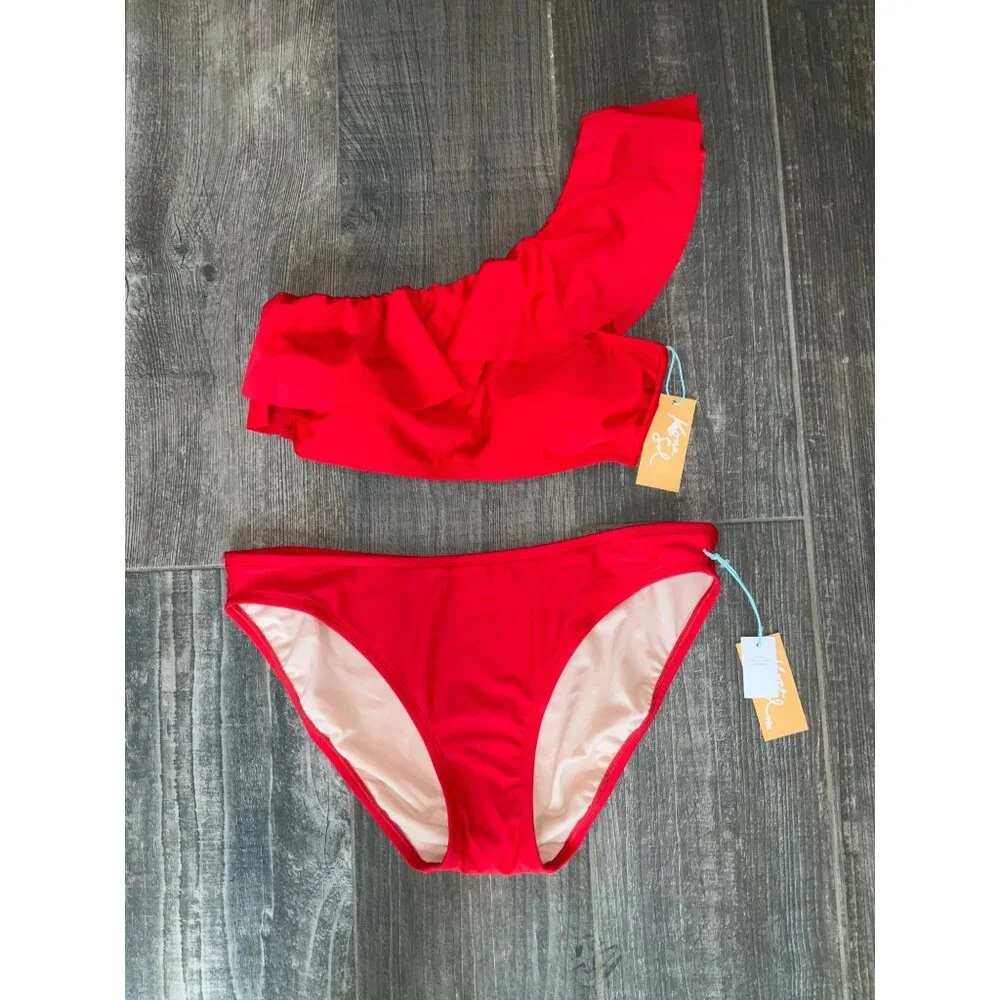 Kona Sol One Shoulder flounce Bikini Top and Low-rise Bottoms NEW LARGE - Picture 2 of 4